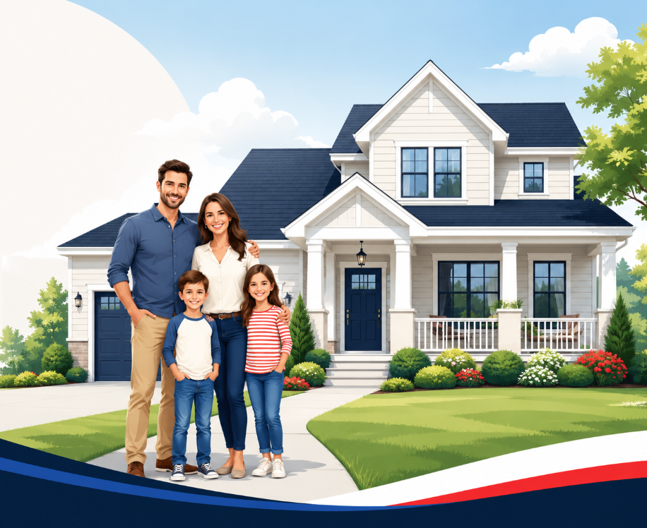 Family standing in front of their home