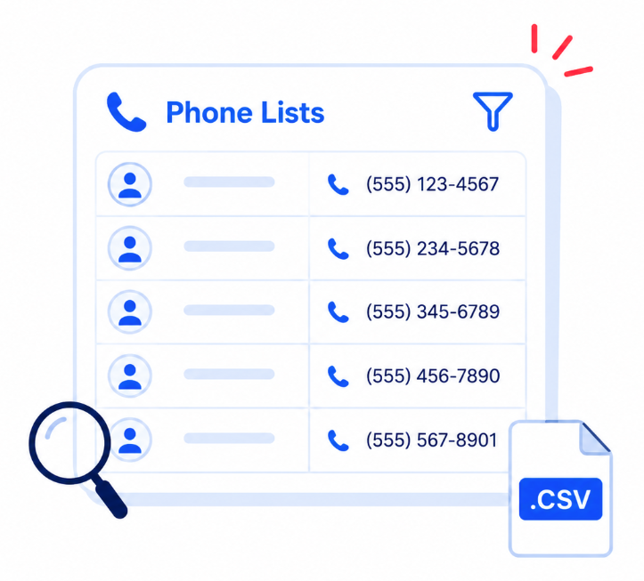 Phone lists with searchable phone numbers and CSV export