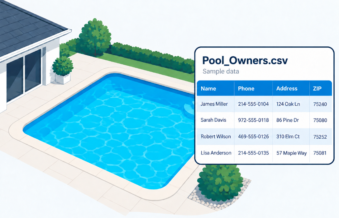 Pool owner list of residential swimming pool owners with phone numbers, built by ZIP code in the TelephoneLists.biz portal